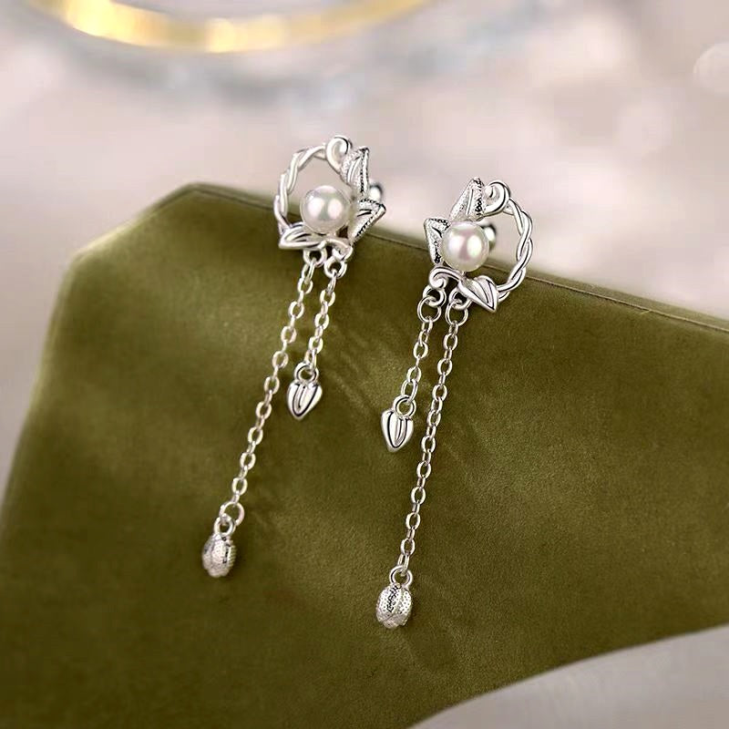 Sterling Silver Zircon Pearl Tassel Earrings