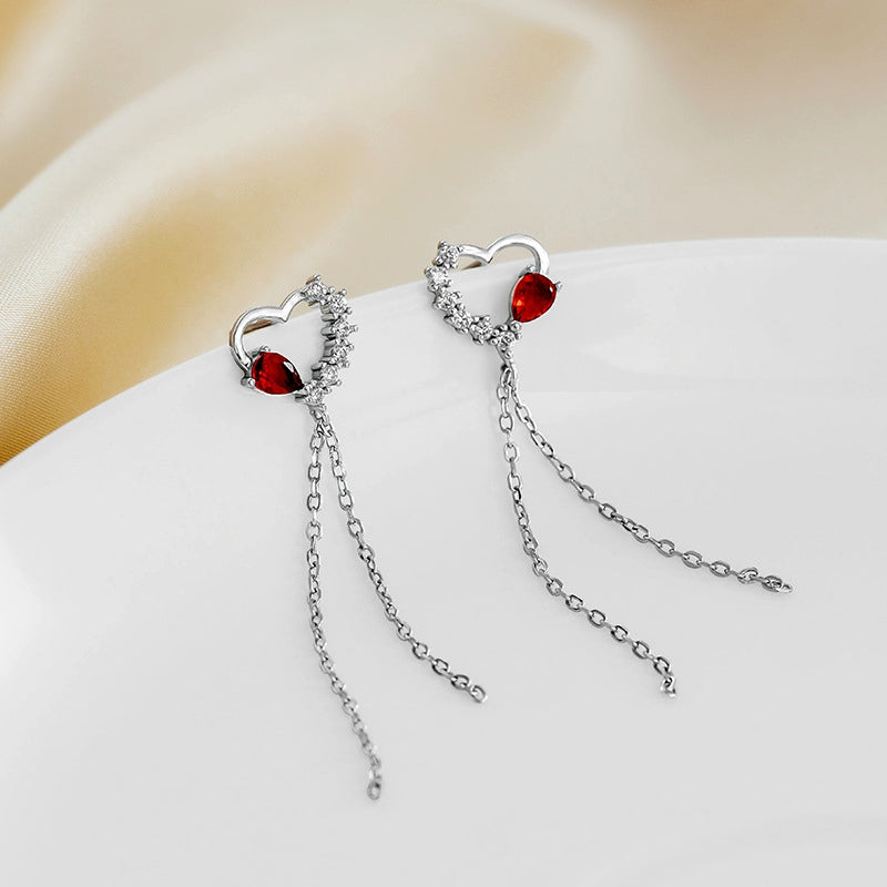 Sterling Silver Zircon Red Diamond Heart Tassel Earrings