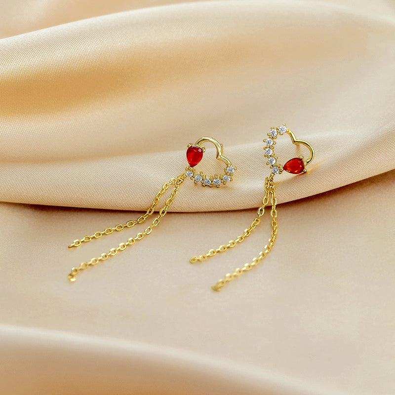 Sterling Silver Zircon Red Diamond Heart Tassel Earrings