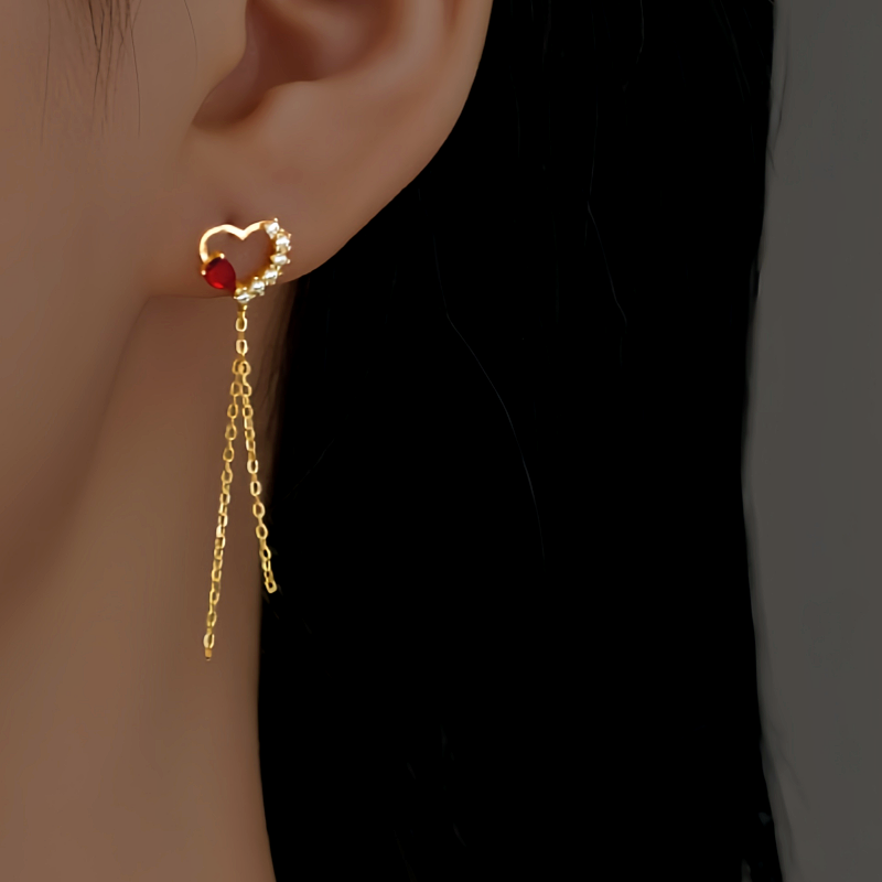 Sterling Silver Zircon Red Diamond Heart Tassel Earrings