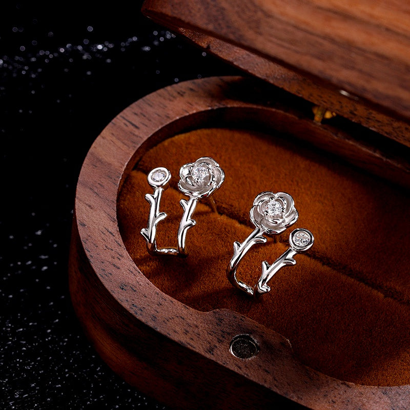 Sterling Silver Zircon Rose Stud Earrings