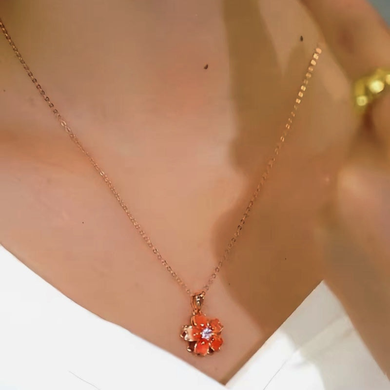 Sterling Silver Zircon Rotating Peach Blossom Clavicle Necklace
