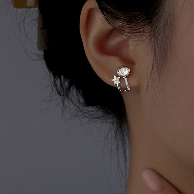 Sterling Silver Zircon Starfish Shell Stud Earrings