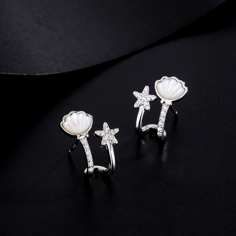 Sterling Silver Zircon Starfish Shell Stud Earrings