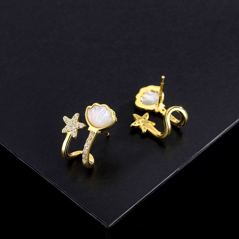 Sterling Silver Zircon Starfish Shell Stud Earrings