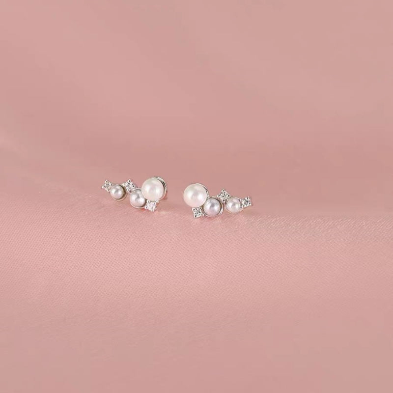 Sterling Silver Zircon Three Pearl Stud Earrings