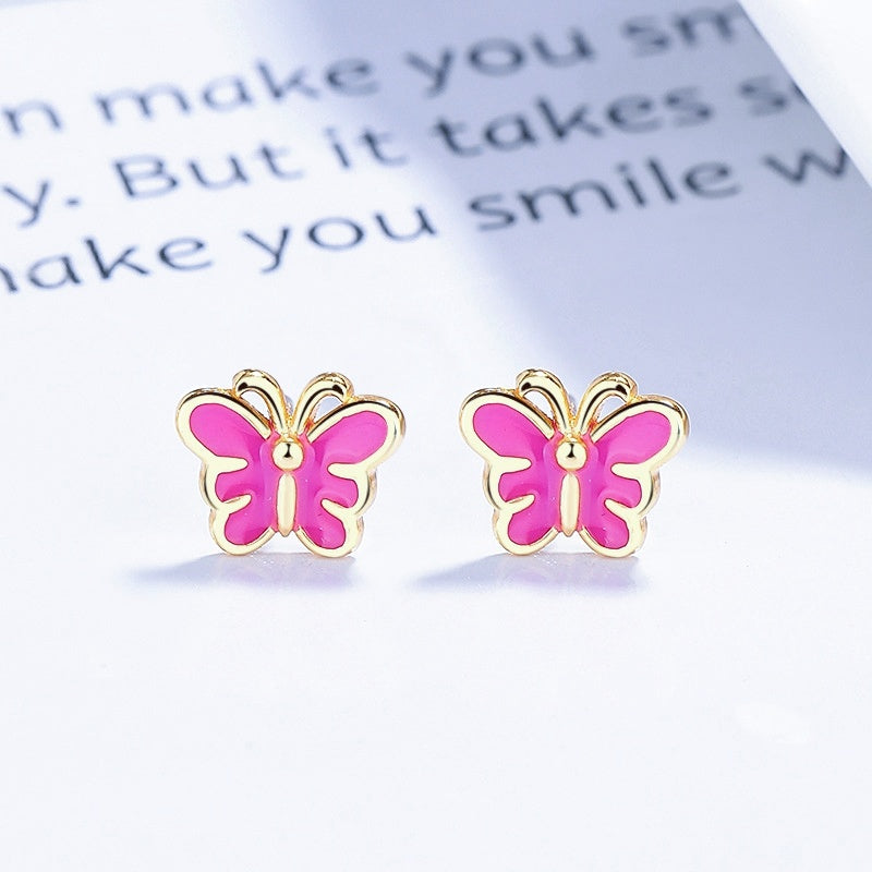 Sterling Silver Pink Butterfly Studs