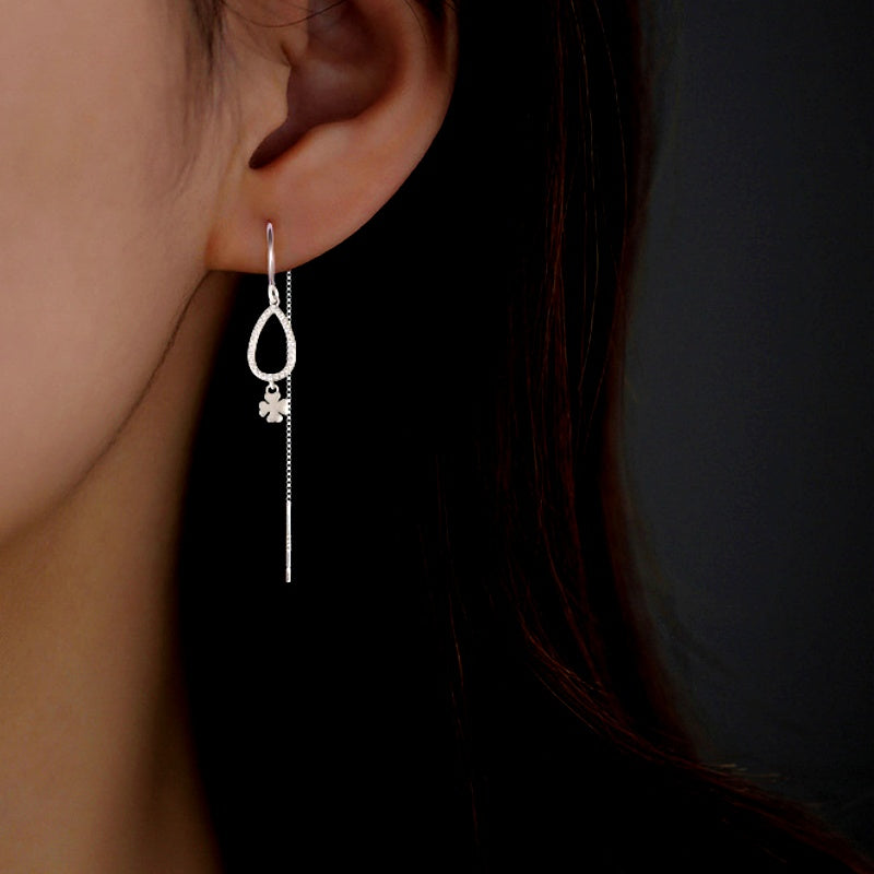 Sterling Silver Water Drop Clover Leaf Threader Earrings