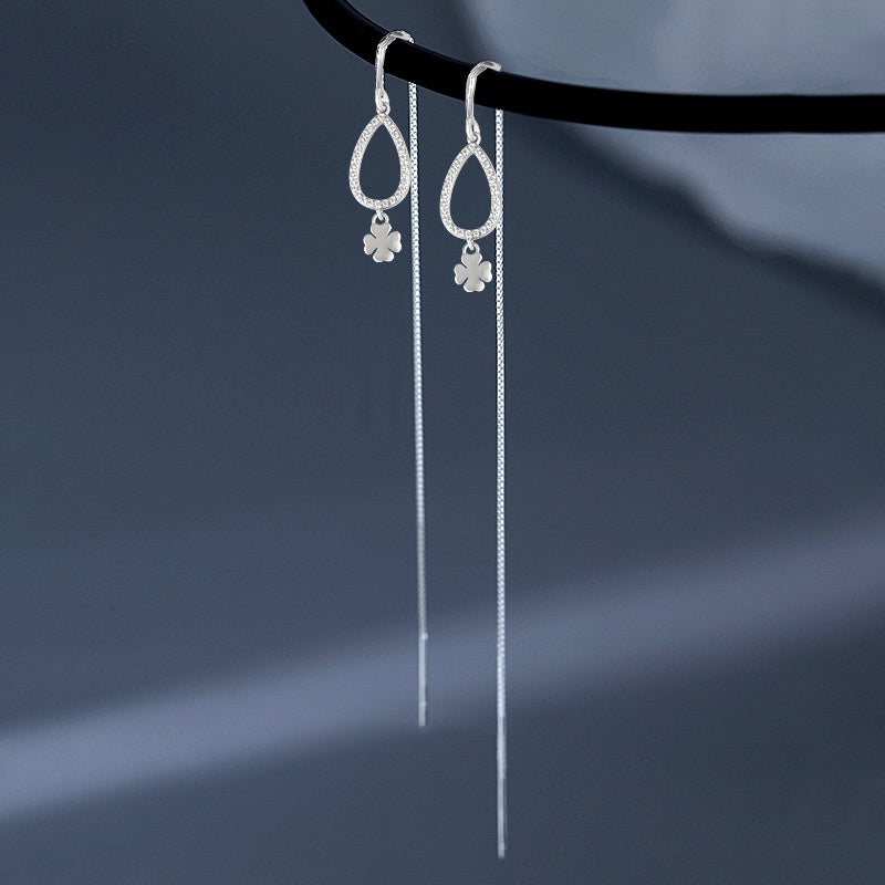 Sterling Silver Water Drop Clover Leaf Threader Earrings