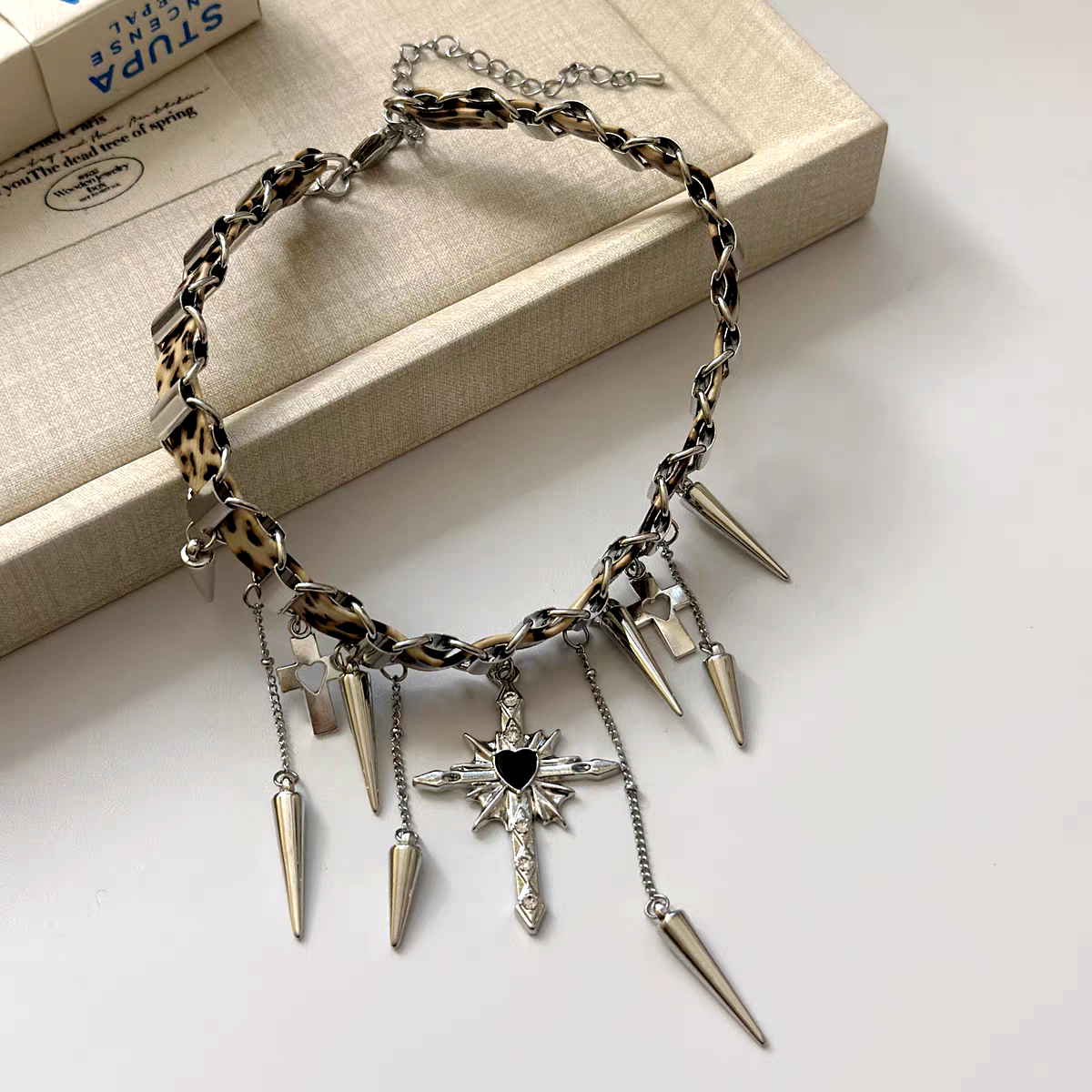 14K Gold-Plated Leopard Print Rivet Cross Tassel Choker