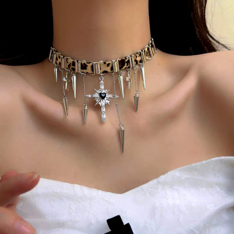 14K Gold-Plated Leopard Print Rivet Cross Tassel Choker