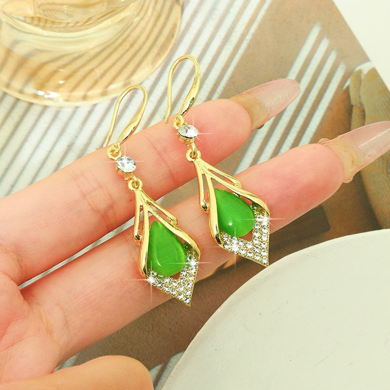 14K Gold-Plated G eometric Cat's Eye Diamond Earrings