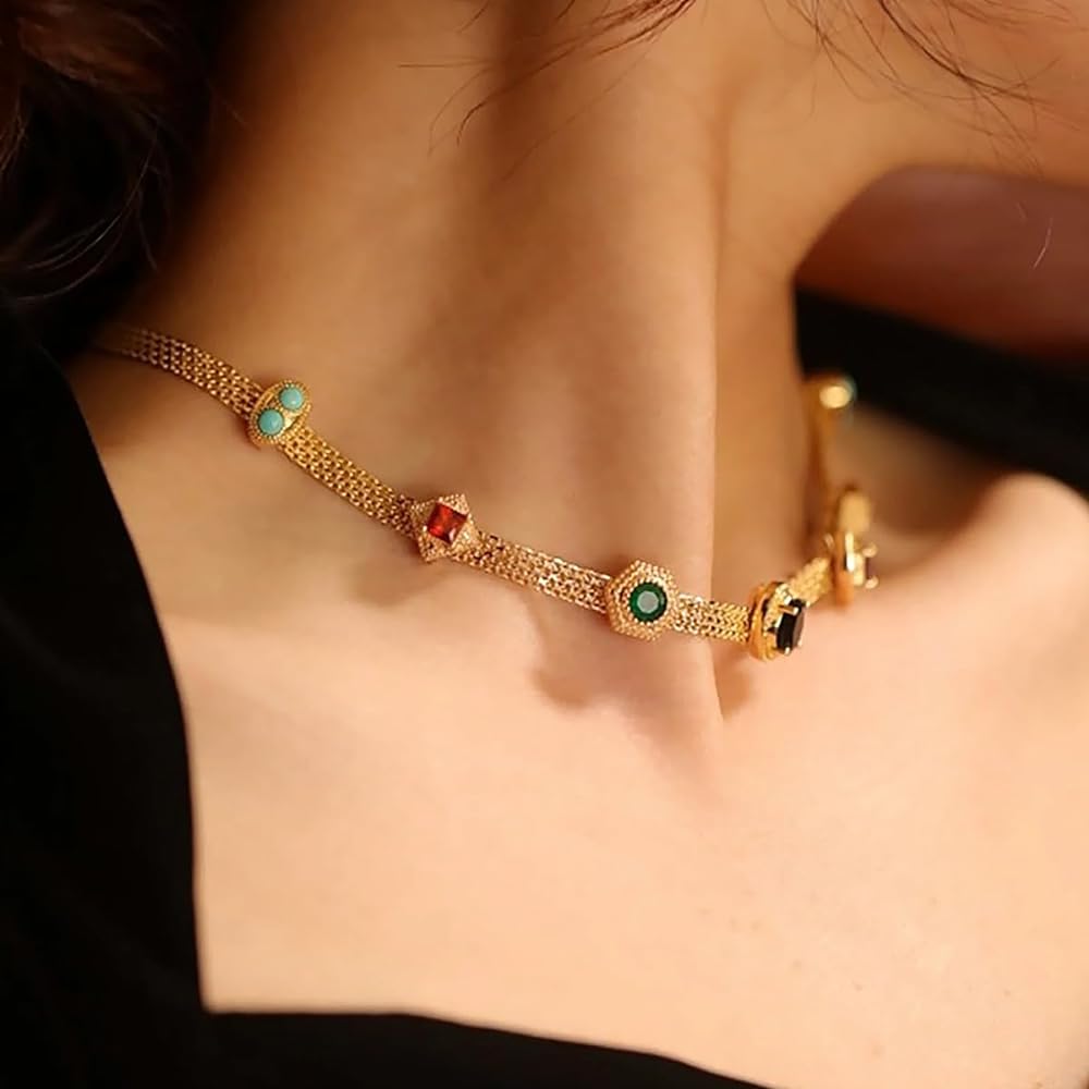 Vintage Retro Tilda Necklace 18k gold Semi-Precious Stone Amythest Opal Turquoise Sapphire Ruby Garnet Multi-gems Lace Chain Necklace