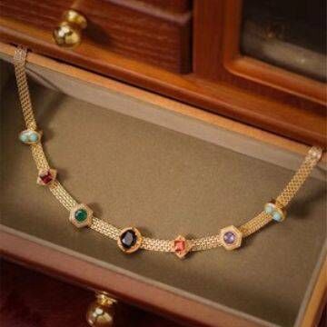 Vintage Retro Tilda Necklace 18k gold Semi-Precious Stone Amythest Opal Turquoise Sapphire Ruby Garnet Multi-gems Lace Chain Necklace