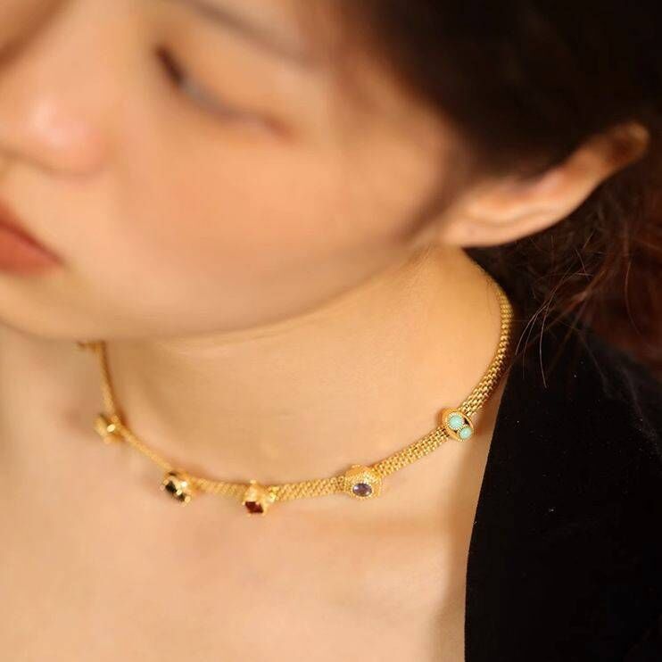 Vintage Retro Tilda Necklace 18k gold Semi-Precious Stone Amythest Opal Turquoise Sapphire Ruby Garnet Multi-gems Lace Chain Necklace
