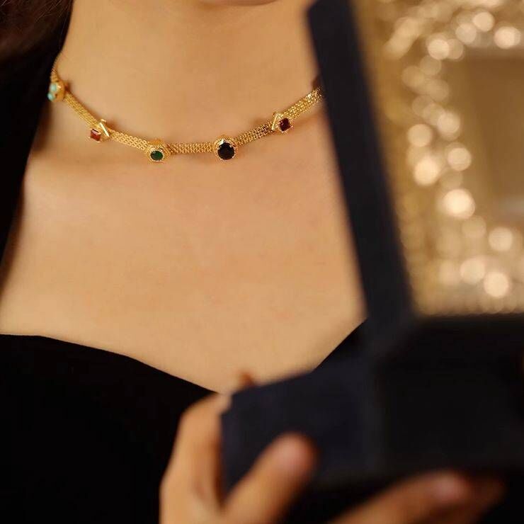 Vintage Retro Tilda Necklace 18k gold Semi-Precious Stone Amythest Opal Turquoise Sapphire Ruby Garnet Multi-gems Lace Chain Necklace