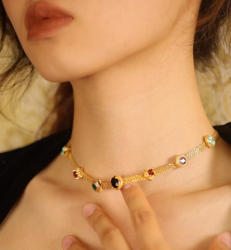 Vintage Retro Tilda Necklace 18k gold Semi-Precious Stone Amythest Opal Turquoise Sapphire Ruby Garnet Multi-gems Lace Chain Necklace