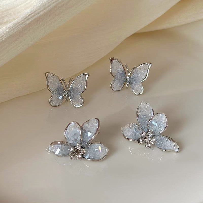 Silver Post Luxury Blue Butterfly/Blue Flower Earrings
