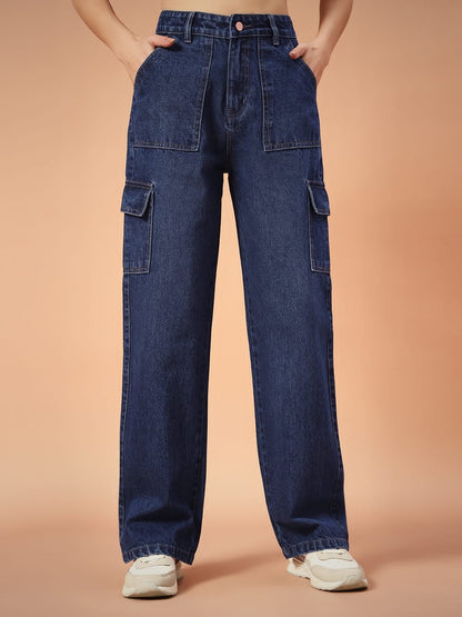 Women Non-Stretch Straight Fit High Rise Dark Blue Cargo Jeans