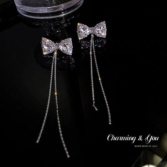 Silver Post Bling Bow Tassel Earrings