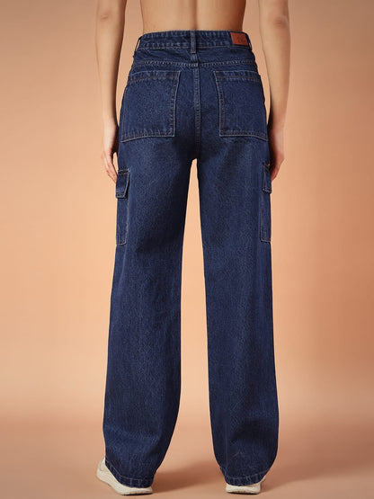 Women Non-Stretch Straight Fit High Rise Dark Blue Cargo Jeans