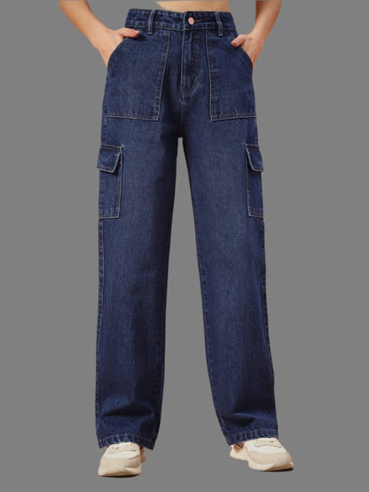 Women Non-Stretch Straight Fit High Rise Dark Blue Cargo Jeans