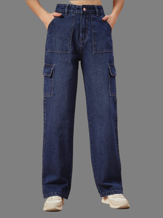 Women Non-Stretch Straight Fit High Rise Dark Blue Cargo Jeans