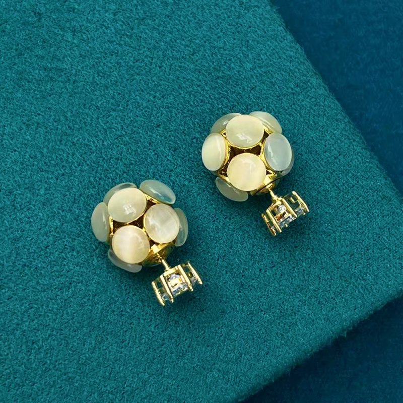 14K Gold-Plated Diamond Cat's Eye Ball Jacket Earrings