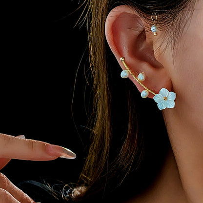 14K Gold-plated Flower Pearl Ear Cuffs ( 1 Pair )