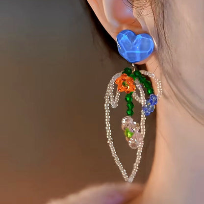 14K Gold-Plated Elegant Blue Crystal Heart Bow Beaded Tassel Earrings