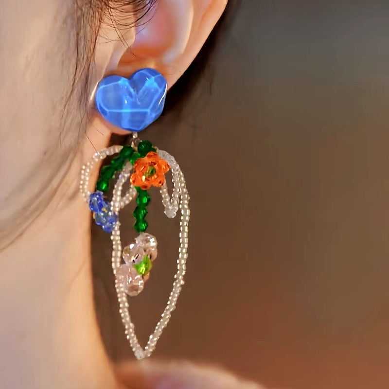 14K Gold-Plated Elegant Blue Crystal Heart Bow Beaded Tassel Earrings