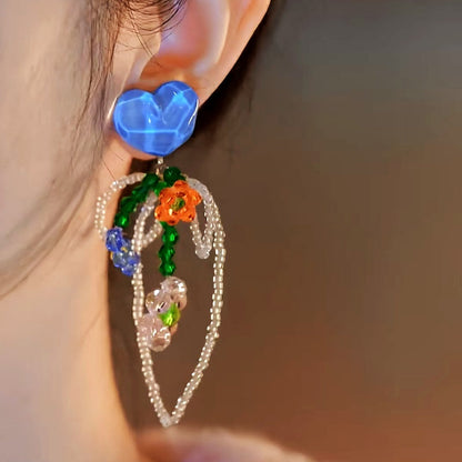 14K Gold-Plated Elegant Blue Crystal Heart Bow Beaded Tassel Earrings