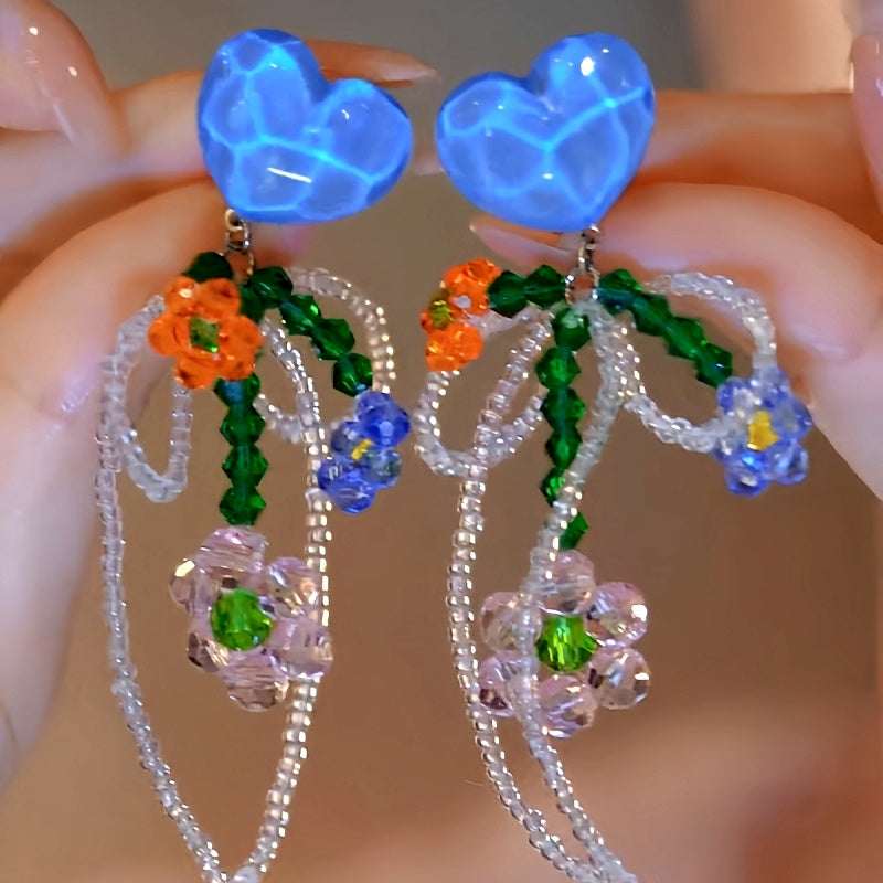 14K Gold-Plated Elegant Blue Crystal Heart Bow Beaded Tassel Earrings