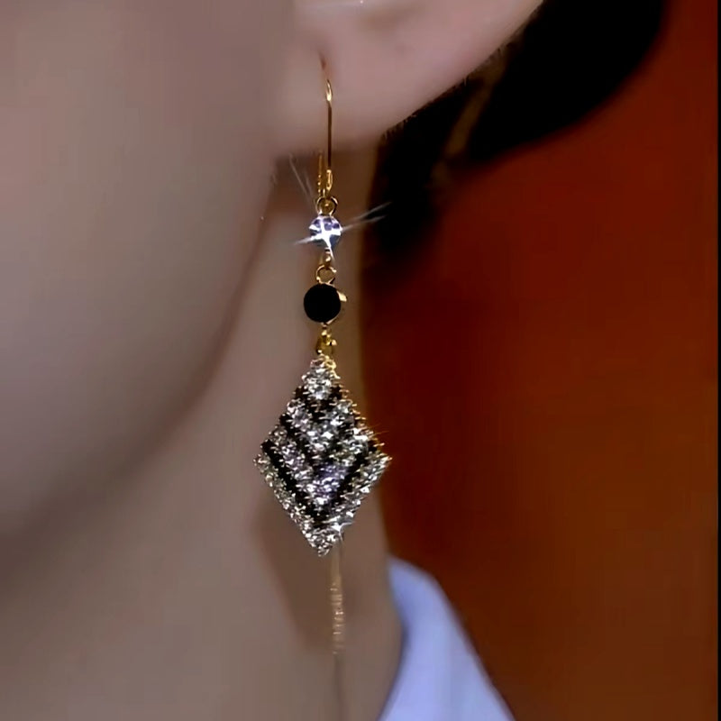 14K Gold-Plated Black And White Diamond Threader Tassel Earrings