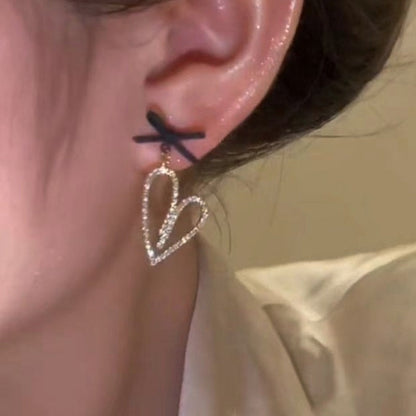 14K Gold-Plated Black Bow Bling Heart Earrings