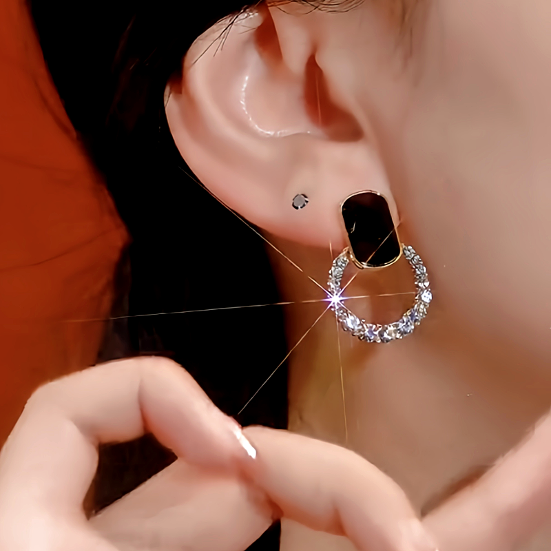 14K Gold-Plated Black Crystal Hoop Diamond Earrings