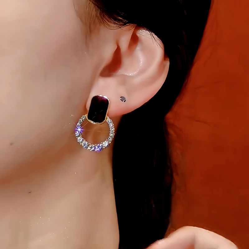 14K Gold-Plated Black Crystal Hoop Diamond Earrings