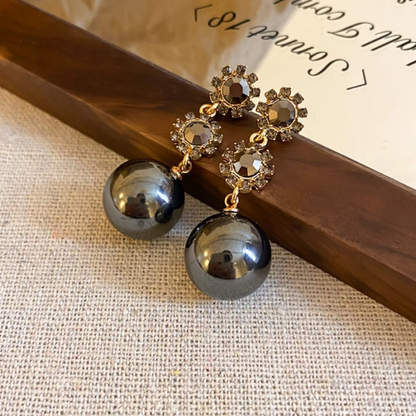 14K Gold-Plated Black Diamond Flower Ball Earrings