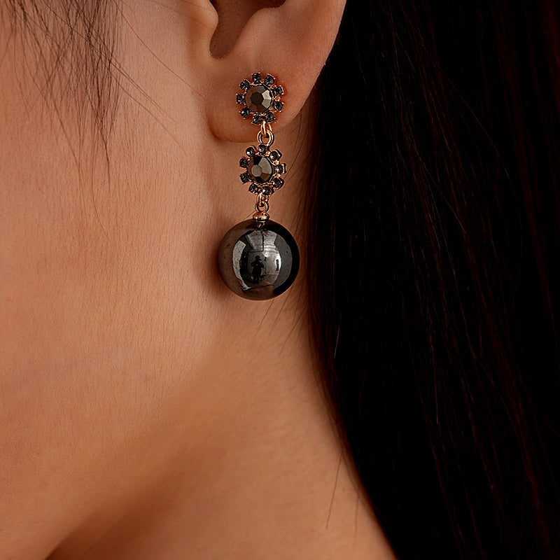 14K Gold-Plated Black Diamond Flower Ball Earrings