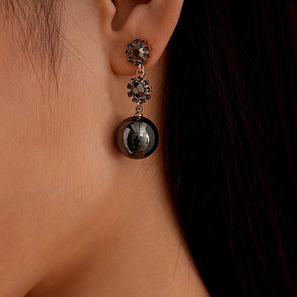 14K Gold-Plated Black Diamond Flower Ball Earrings