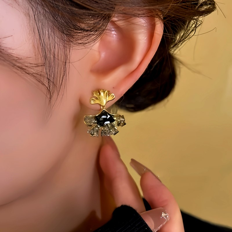 14K Gold-Plated Black Diamond Ginkgo Leaf Pendant Tassel Earrings