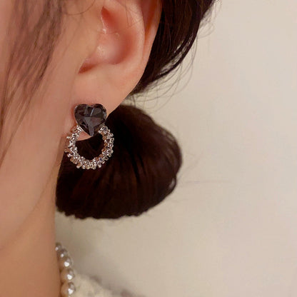 14K Gold-Plated Black Diamond Heart Hoop Earrings