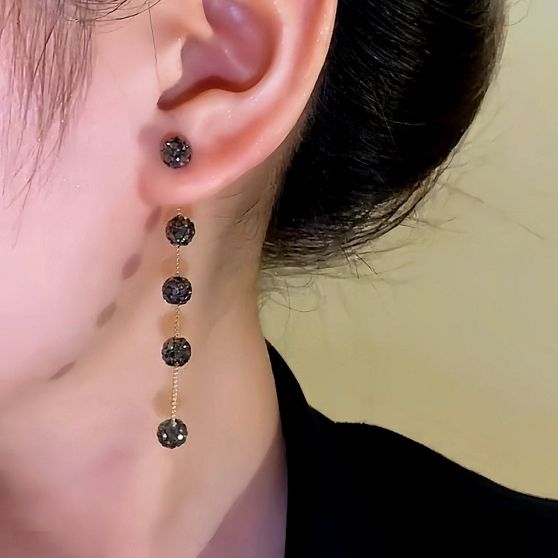 14K Gold-Plated Black Diamond Long Tassel Earrings