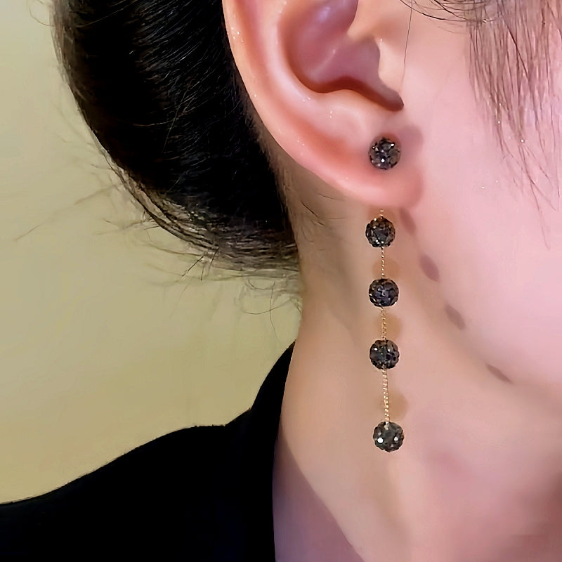 14K Gold-Plated Black Diamond Long Tassel Earrings
