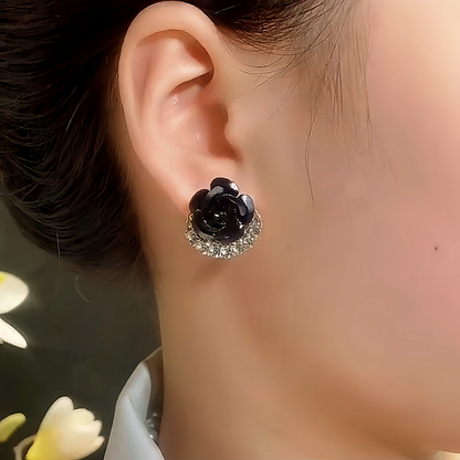 14K Gold-Plated Black Rose Stud Earrings