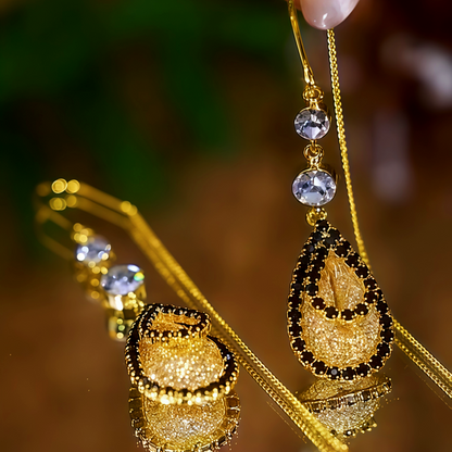 14K Gold-Plated Black Zircon Mesh Water Drop Threader Earrings