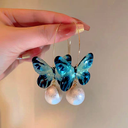 14K Gold-Plated Blue Butterfly Pearl Pendant Ear Hook Earrings