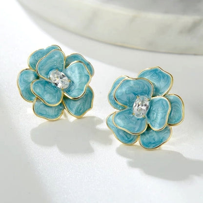 14K Gold-Plated Blue Camellia Earrings