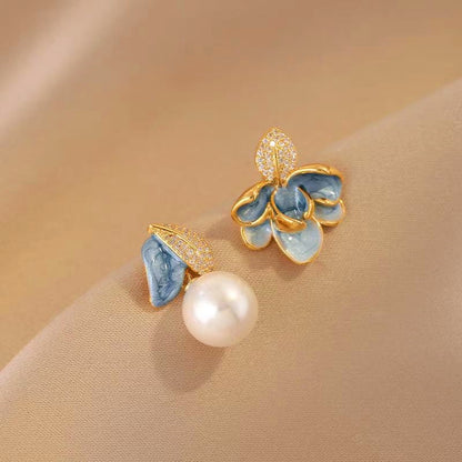 14K Gold-Plated Blue Camellia Pearl Earrings
