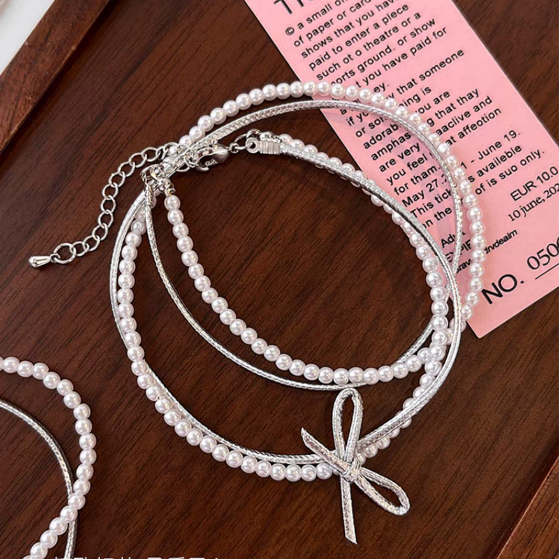 14K Gold-Plated Bow Pearl Clavicle Necklaces